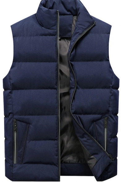 Mens Simple Vest Plain Zipper Closure Stand Collar Zip Pocket Sleeveless Slim Padded Vest