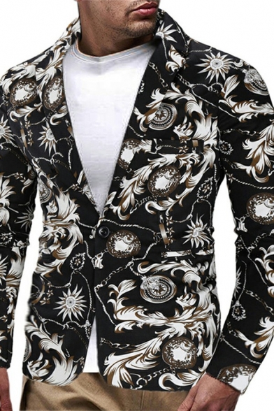 Mens Unique Suit Jacket Floral Printed Lapel Collar Long Sleeve Single Button Slim Fitted Blazer Suit Jacket