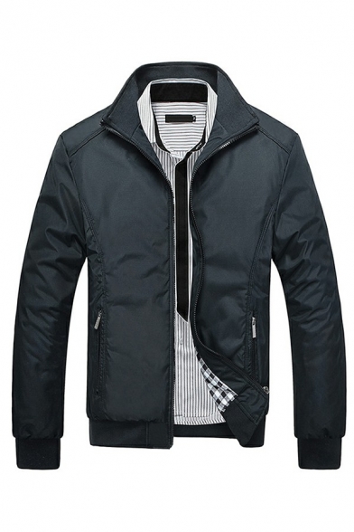 Modern Jacket Pure Color Ribbed Trim Zip-Fly Stand Collar Long Sleeve Fitted Jacket for Men