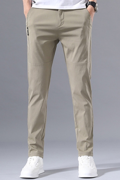 Modern Lounge Pants Pure Color Zip Closure Mid-Rise Long Straight-Cut Pants for Men