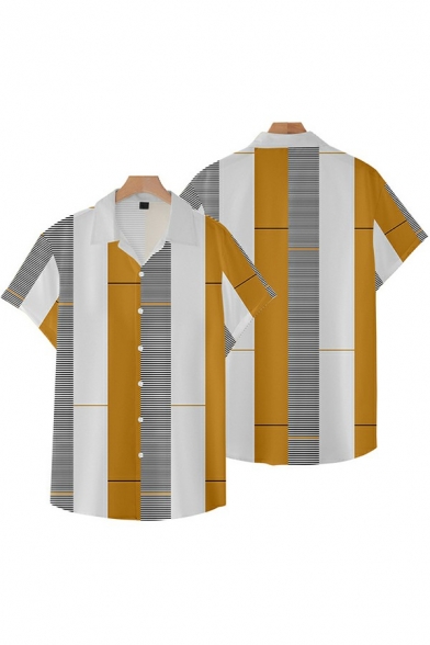 Modern Shirt Geometric Pattern Short Sleeve Spread Collar Button Closure Loose Shirt Top for Men