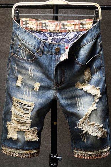 Retro Jeans Distressed Ripped Patch Mid-Rise Zip Straight-Leg Denim Shorts for Men