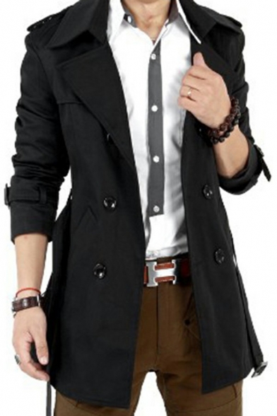 Retro Trench Coat Plain Long Sleeve Notched Collar Double Breasted Epaulette Lace Up Slim Trench Coat Lace Up for Men