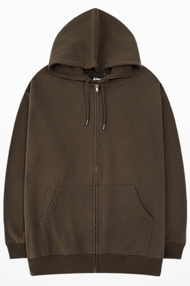 Sporty Hoodie Plain Full Zip Side Pocket Long Sleeves Regular Hoodie for Men