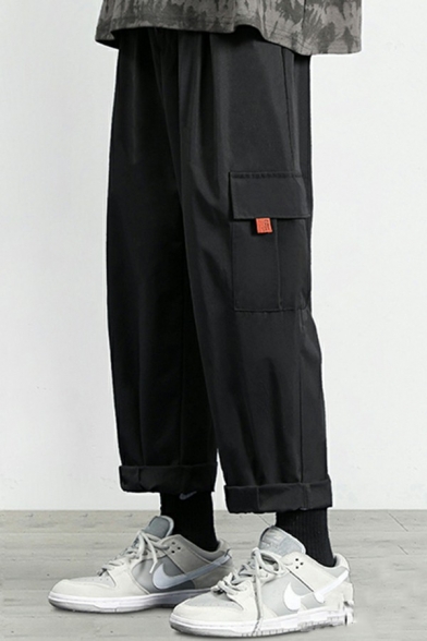 Street Style Pants Plain Flap Pockets Drawstring Waist Ankle Length Loose Cargo Pants for Men