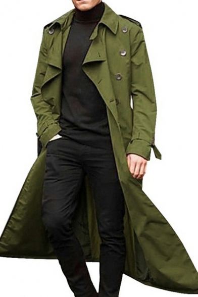 Streetwear Mens Coat Solid Color Double Breasted Long Sleeve Collar Tunic Loose Trench Coat