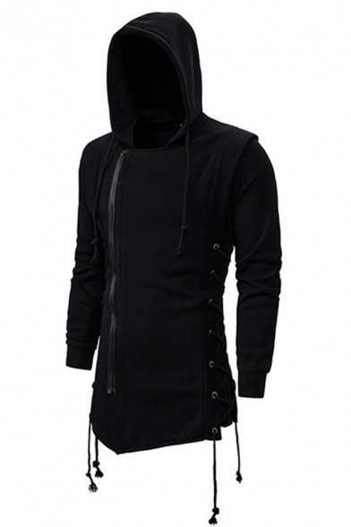 Stylish Men's Hoodie Side Zip Pure Color Asymmetrical Long Sleeve Regular Fitted Drawcord Hoodie