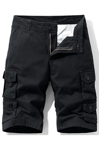 Trendy Cargo Shorts Plain Zip-Fly Flap Pockets Mid Rise Knee Length Fitted Shorts for Men