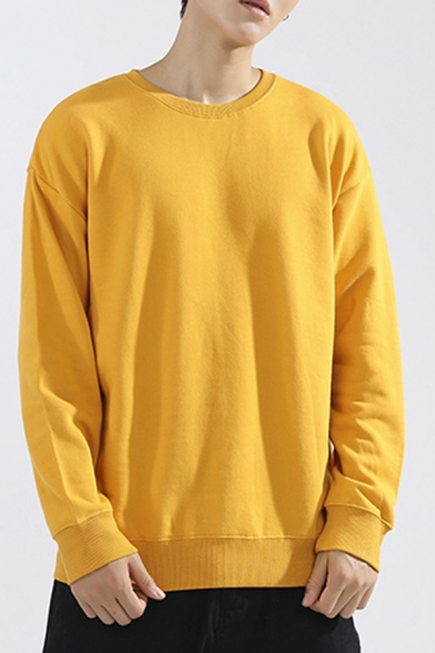 Trendy Sweatshirt Plain Round Collar Long-Sleeved Loose Pullover Sweatshirt for Men