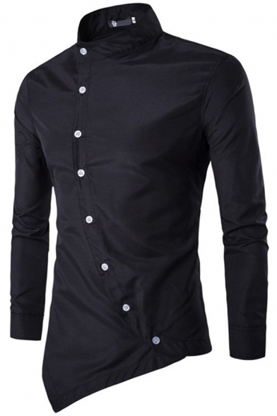 Unique Mens Shirt Plain Irregular Hem Long Sleeve Stand Collar Oblique Button Up Fitted Shirt