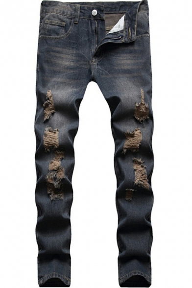 Vintage Mens Jeans Dark Wash Distressed Zipper Fly Full Length Skinny Fit Jeans
