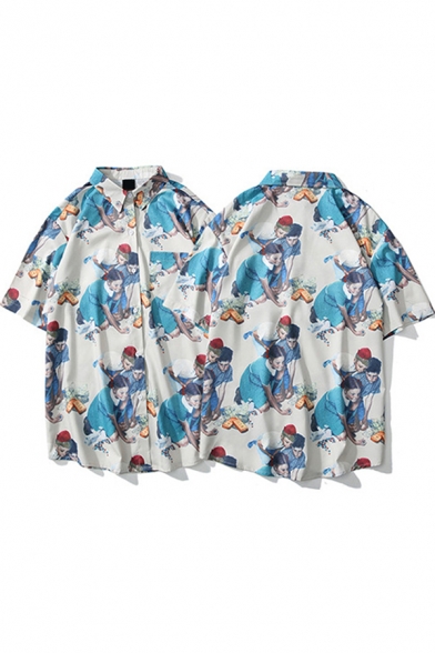 Vintage Shirt All over Cartoon Characters Printed Button Up Short Sleeve Loose Lapel Shirt for Men