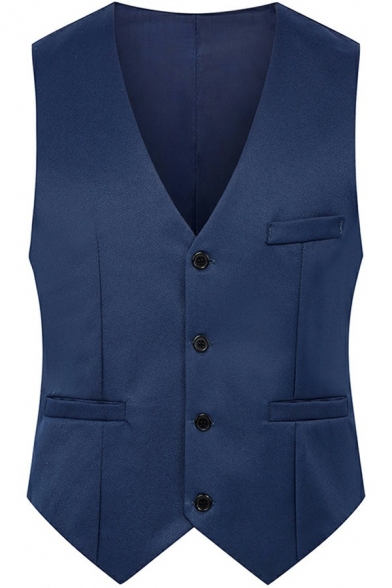 Basic Suit Vest Solid Color Button Closure V Neck Pockets Detail Sleeveless Slim Fitted Vest for Men