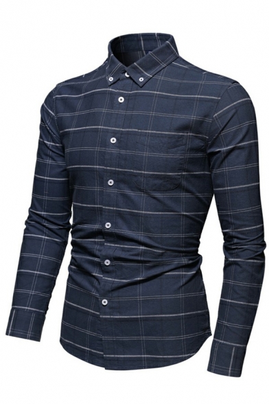 Business Mens Shirt Plaid Pattern Button Collar Long-Sleeved Button-down Slim Shirt