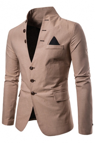 Casual Solid Color Mens Suit Stand Collar Single Breasted Flap Pockets Slim Fit Blazer