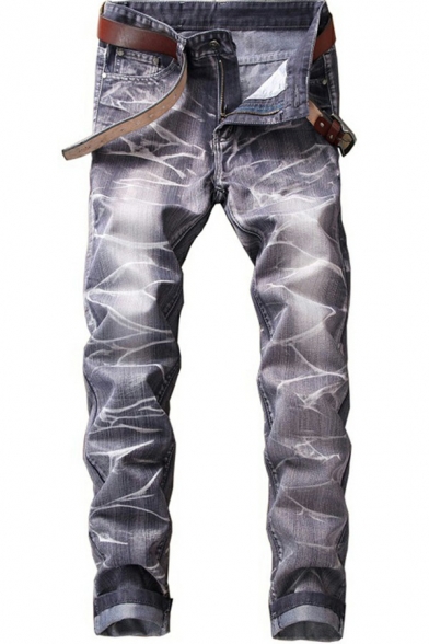 Creative Jeans Tie Dye Print Zip Fly Mid Waist Casual Denim Pants with Pockets