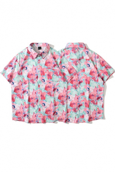 Fancy Pink-Blue Shirt Flower All Over Printed Short Sleeve Button-down Lapel Relaxed Fit Shirt for Men