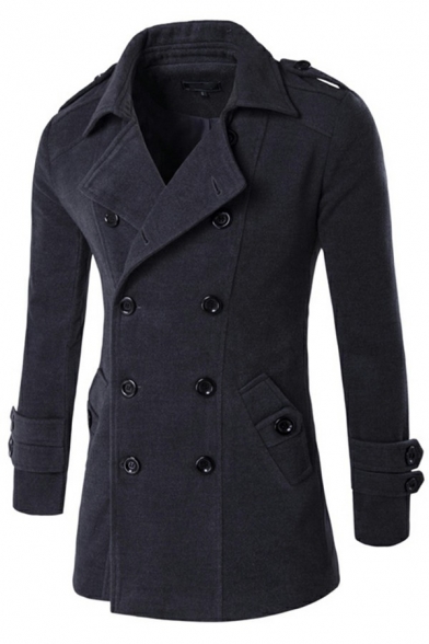 Fashionable Men's Coat Solid Color Pocket Decorated Lapel Collar Long Sleeves Double-Breasted Slim Fit Coat