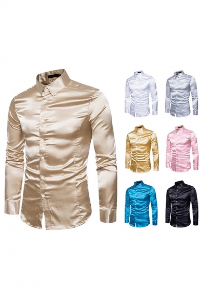 Formal Men's Shirt Solid Color Button up Long-Sleeved Turn-down Collar Slim Shirt