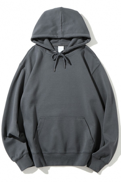 Guys Casual Hoodie Plain Long-Sleeved Drawcord Front Pocket Relaxed Hoodie