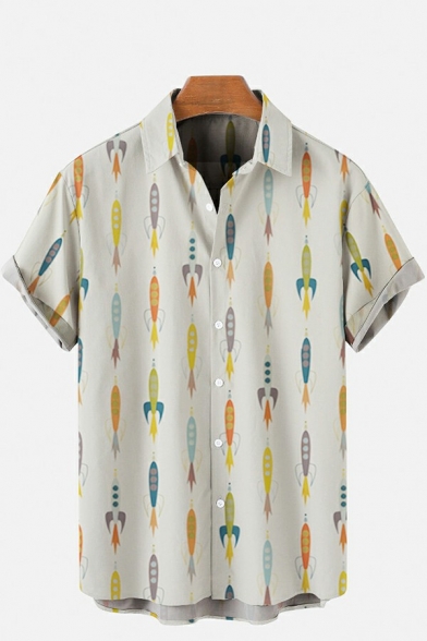 Leisure Beige Shirt Rocket All Over Printed Short Sleeve Spread Collar Button down Loose Shirt for Men