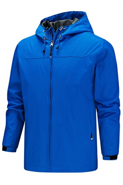 Leisure Jacket Solid Color Long Sleeve Zipper Closure Hooded Loose Jacket for Men