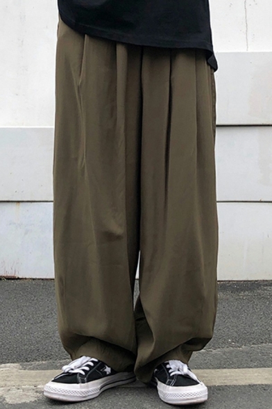 Men Casual Pants Pure Color Elastic Waist Pocket Detail Long Oversize Fit Harem Pants