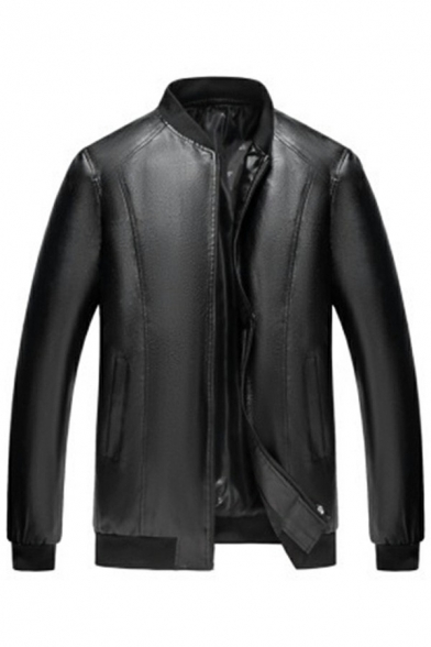 Men Cool Leather Jacket Solid Color PU Zip Fly Stand Collar Front Pocket Slim Leather Jacket