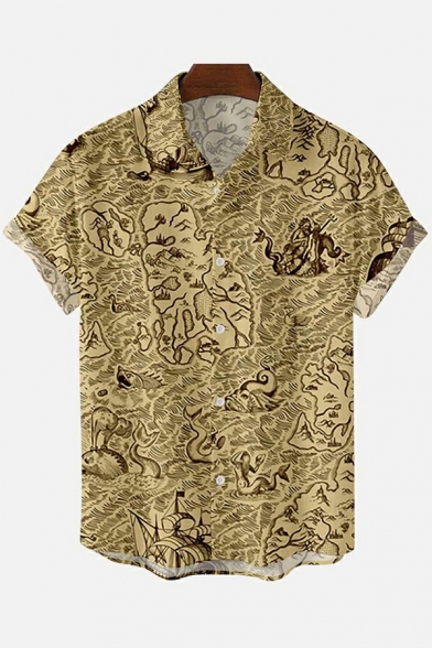 Men Creative Shirt Map Print Turn Down Collar Button-up Short Sleeves Regular Fit Shirt