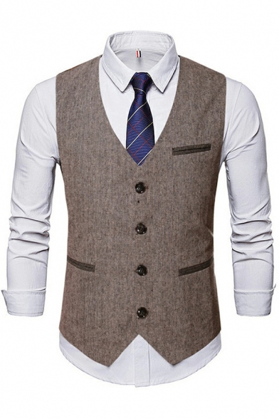 Men Elegant Vest Pure Color Single Breasted Sleeveless V Neck Slim Fit Vest in Coffee