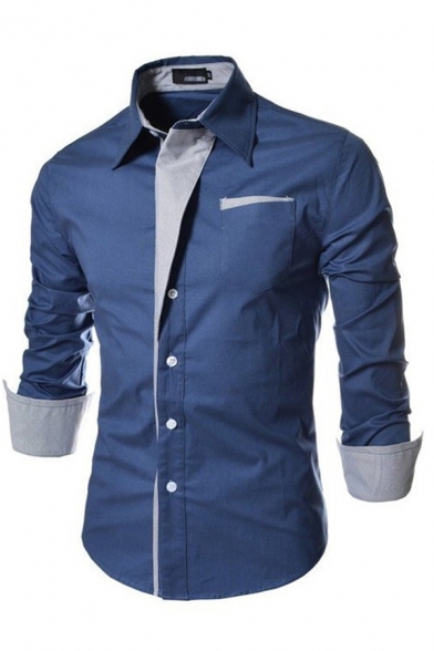Men Fashionable Shirt Patchwork Turn-down Collar Long Sleeves Slim Fitted Button Up Shirt
