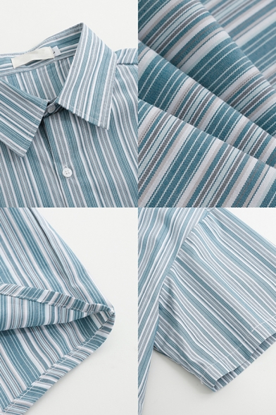 Men Leisure Shirt Striped Pattern Button Detailed Turn-down Collar Short Sleeves Loose Shirt