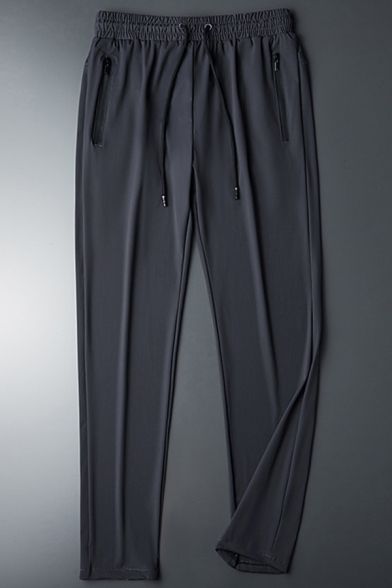 Men Modern Pants Pure Color Elastic Waist Mid-Rise Rib Knit Cuffs Zip Pocket Regular Pants