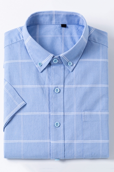 Men Modern Shirt Square Patterned Button up Button-down Collar Short-sleeved Regular Fitted Shirt