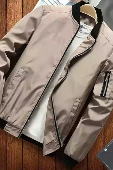 Men Popular Bomber Jacket Plain Zip Fly Stand Collar Pocket Detail Regular Fitted Bomber Jacket