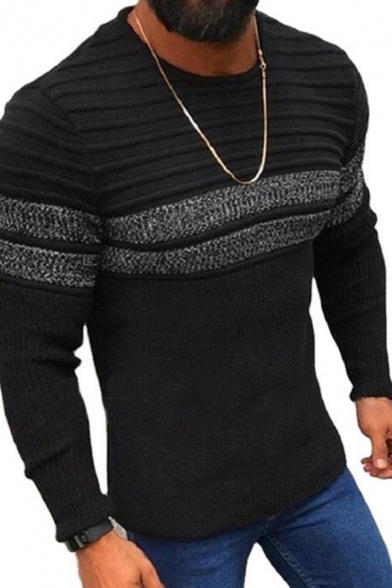 Men's Fashionable Sweater Stripe Pattern Ribbed Knit Long Sleeve Crew Neck Slim Pullover Sweater in Black