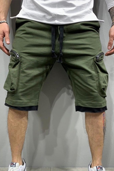 Men's Popular Cargo Shorts Zipper Pockets Patchwork Drawstring Rise Straight Shorts