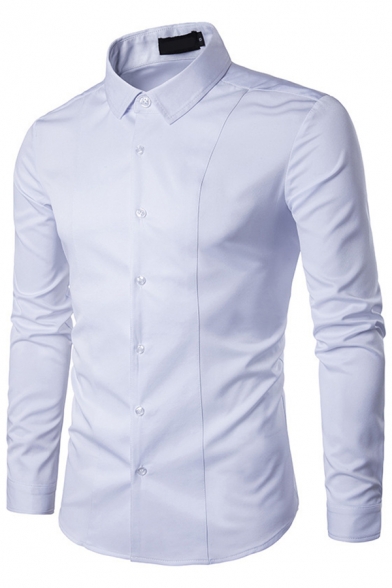 Mens Formal Shirt Solid Color Long Sleeve Turn Down Collar Button-down Fitted Shirt