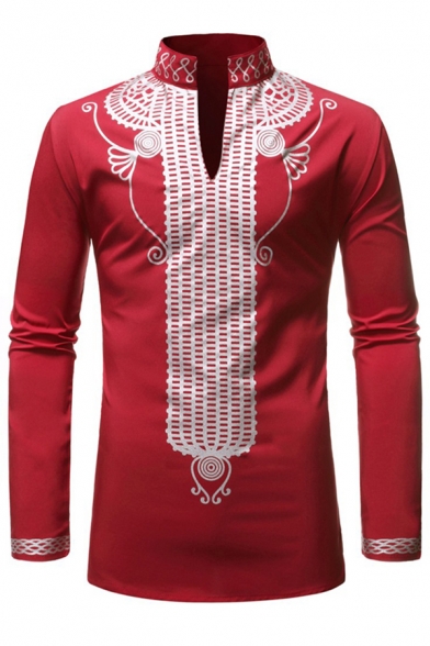 Mens Shirt Tribal Pattern Stand Collar Long Sleeves Button Detailed Regular Fit Shirt
