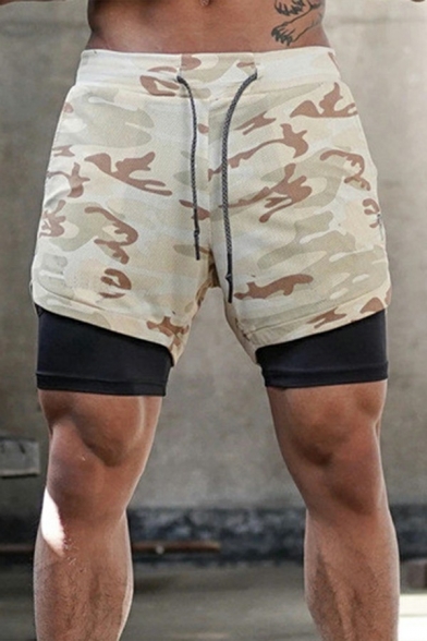 Mens Sporty Shorts Double Layer Camo/Pure Color Drawcord Waist Slim Active Shorts