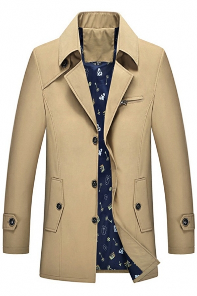 Mens Urban Trench Coat Pure Color Button-Up Pocket Detail Notched Collar Long-Sleeved Regular Trench Coat