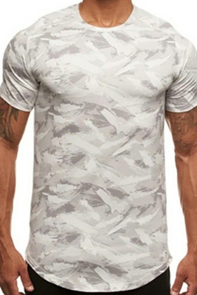 Modern Active Set Camouflage Pattern Short Sleeve Round Neck T-Shirts with Shorts Slim Two Piece Set for Men