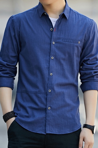 Modern Shirt Pure Color Button Closure Long-Sleeved Point Collar Slim Fitted Shirt