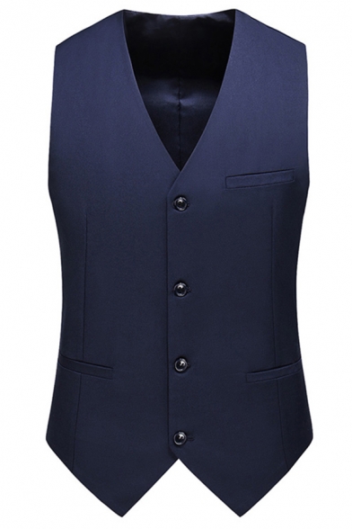 Modern Suit Vest Solid Color Pocket Detail V-Neck Single Breasted Skinny Suit Vest for Men