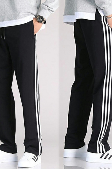 Modern Sweatpants Pure Color Drawstring Mid-Rise Loose Fit Long Straight Sweatpants for Men