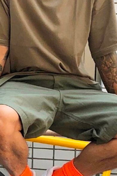 Simple Men's Shorts Solid Color Large Pocket Drawstring Rise Loose Fit Cargo Shorts