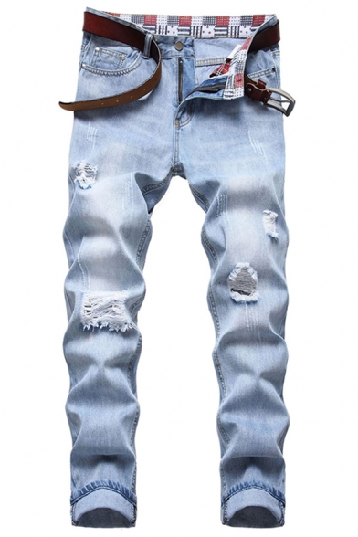 Simple Men's Solid Color Jeans Mid Rise Broken Hole Bleach Zip Closure Straight Jeans