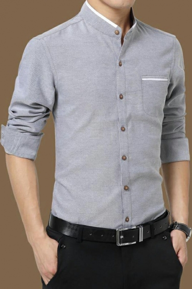 Simple Mens Shirt Plain Chest Pocket Long Sleeves Stand Collar Button-down Slim Shirt