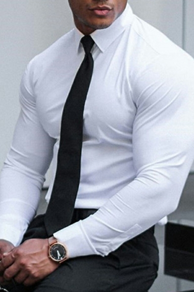 Simple Shirt Plain Long Sleeve Spread Collar Button Detailed Slim Shirt Top for Men