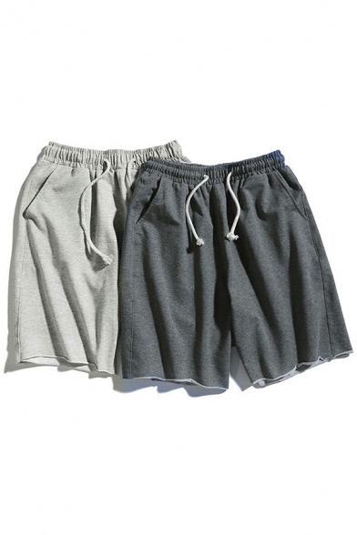 Simple Shorts Pure Color Raw Edge Hem Drawstring Waist Mid Rise Loose Sport Shorts for Men